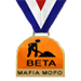 Blue red and white game play medal award with contruction symbol
