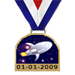 White blue and red game play medal award with space shuttle