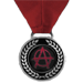 Red game play medal award with anarchist symbol